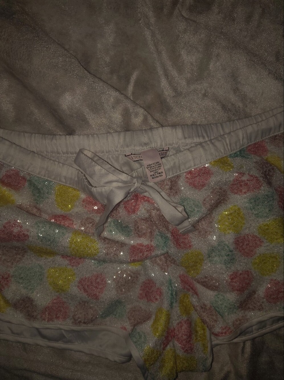 Victoria's Secret White Lounge Shorts with Pastel Heart Sequin Detail